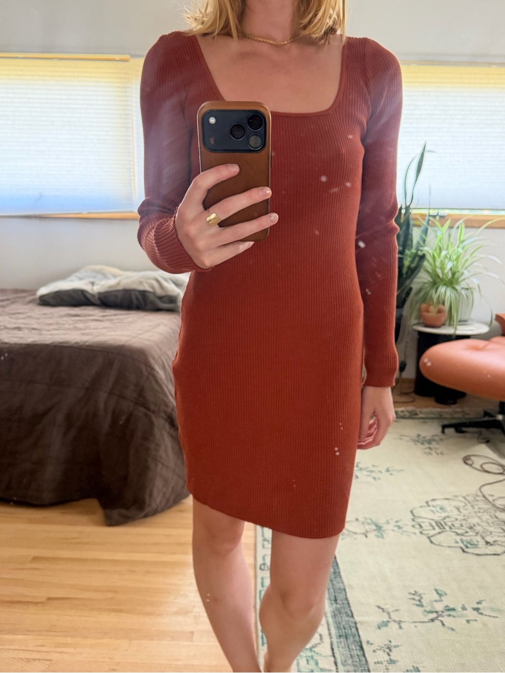 Vince Ribbed Long-Sleeve Square-Neck Dress in Rust